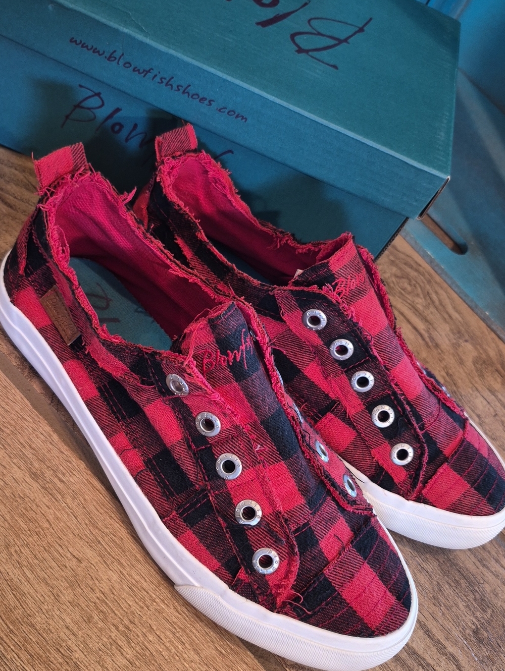 Blowfish Red and Black Plaid Slip-On Sneakers